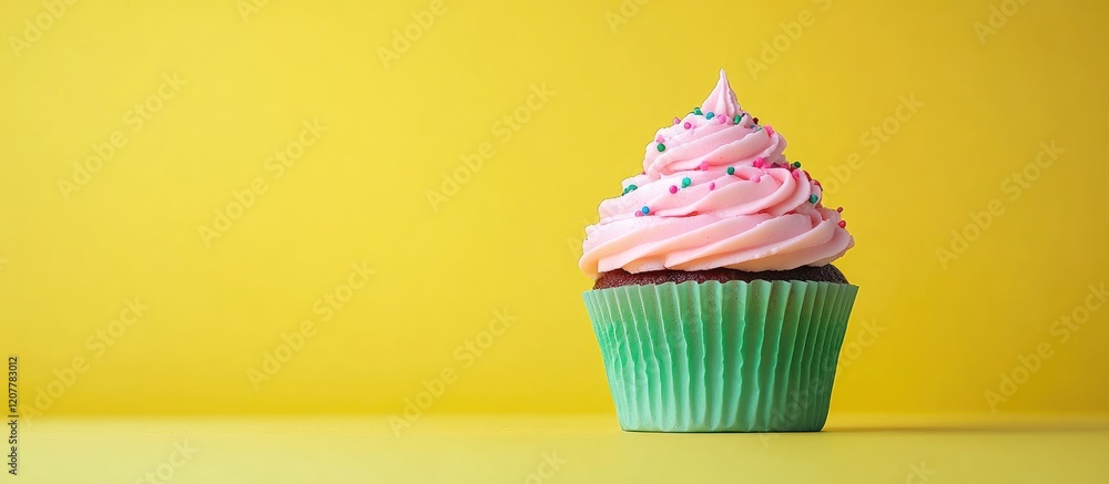 Aufkleber green cupcake with pink frosting and colorful sprinkles on vibrant yellow background with ample empt
