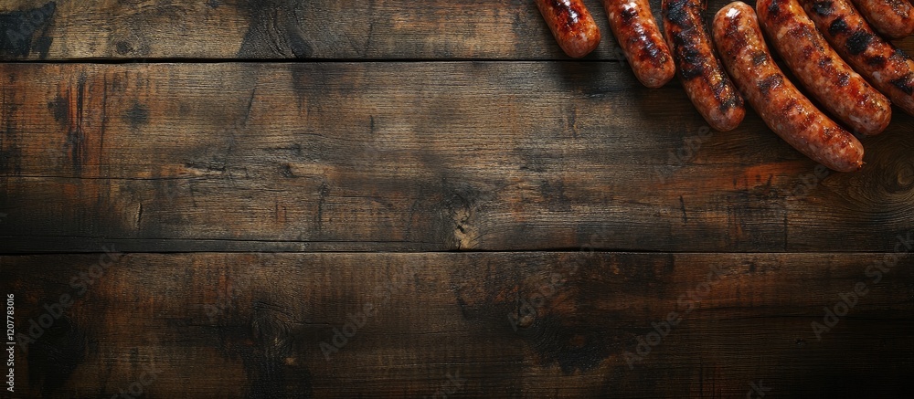 Poster grilled sausages on rustic wooden background with copy space for text placement