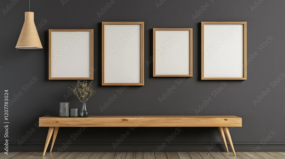 Poster wooden console table with empty frames on gray wall in modern interior design setting