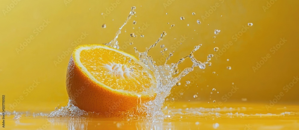 Poster vibrant splash of freshly squeezed orange juice with juicy orange slice in bright yellow studio sett