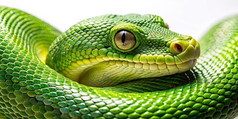 Fototapeta premium Green Snake Macro on White Background, Close-up Reptile Photography