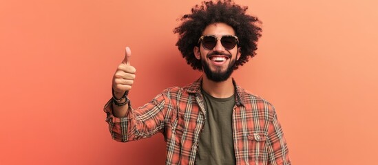 Joyful retro hipster man with vibrant afro hairstyle gesturing thumbs up against a warm peach...