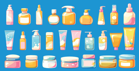Skincare products. Flat cosmetic skin care lotion cream gel oil mask bottles and tubes, healthy beauty hydration set vector illustration