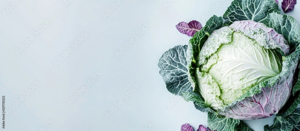 Poster fresh green cabbage head featuring vibrant white and purple leaves on a soft pastel background with 