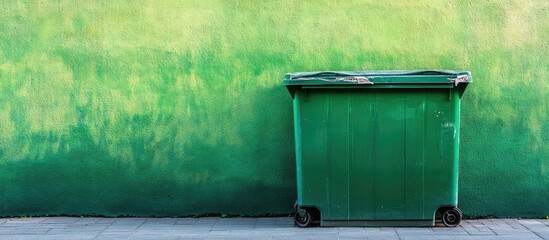 Urban environment featuring a green dumpster against a vibrant green textured wall with empty space for text, captured at eye level.