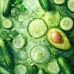 Fresh green cucumbers and avocado slices submerged in water with bubbles, garnished with cilantro, high detail, Copy Space