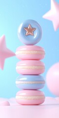 A colorful stack of macarons with a star-shaped candy on top against a pastel backdrop.