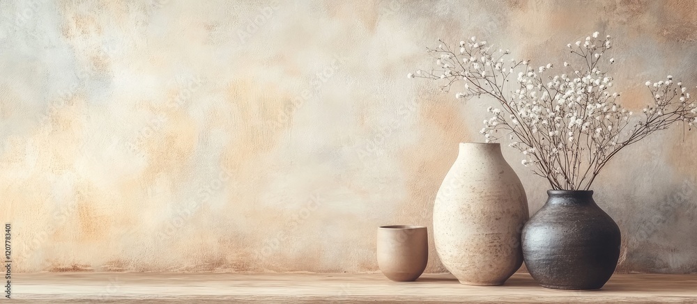 Poster rustic stoneware pottery display with dried flowers and empty banner space for text in warm tones an