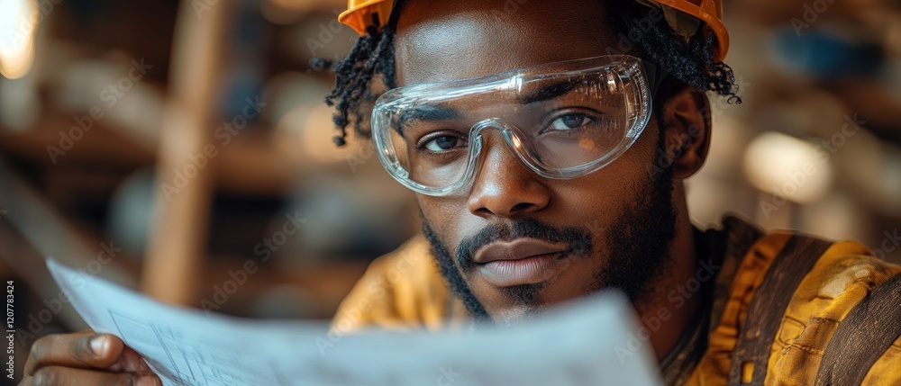 Poster construction worker examining blueprints on a job site with tools in the background