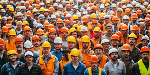 a large group of workers with safety helmets and safety vests stand together
