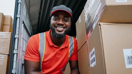 A man in an orange shirt is sitting on a stack of boxes