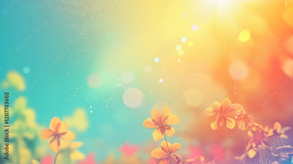 Poster vibrant floral background with soft bokeh and sunlight creating a joyful and uplifting atmosphere in