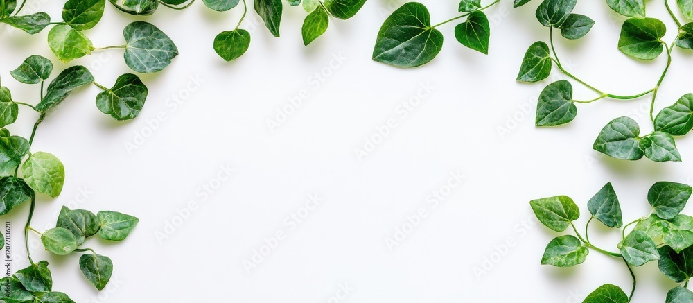 Poster lush green climbing plant leaves arranged on a bright white background creating an empty space for t