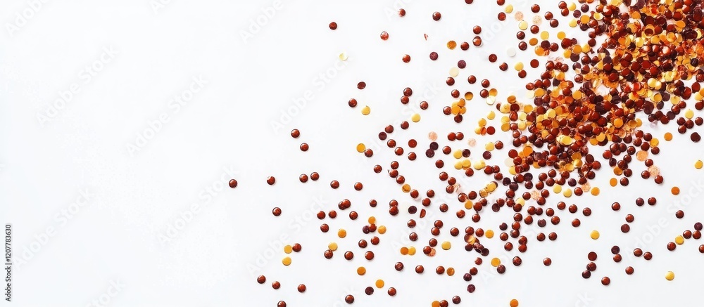 Poster close-up of mustard seeds scattered on white background with ample copy space for text placement
