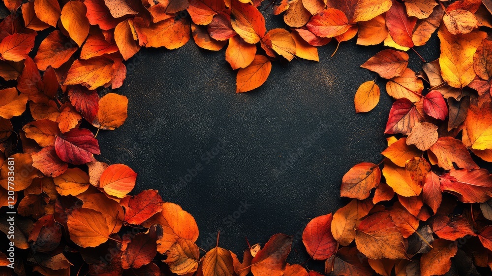 Poster autumn leaves in vibrant colors arranged in a heart shape on a textured black background with copy s