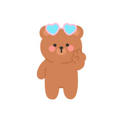 Playful Bear Wearing Heart Glasses and Flashing a Victory Sign