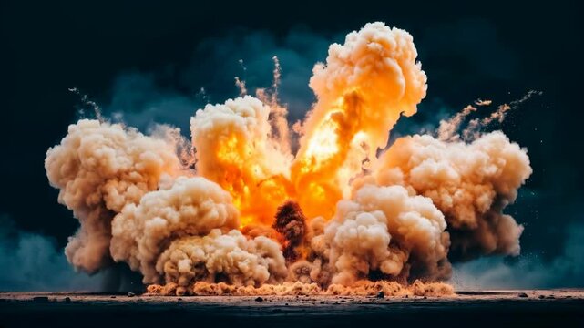 Massive Explosion Fiery Blast Dust Cloud Dramatic Impact Ground Zero Destruction Scene
