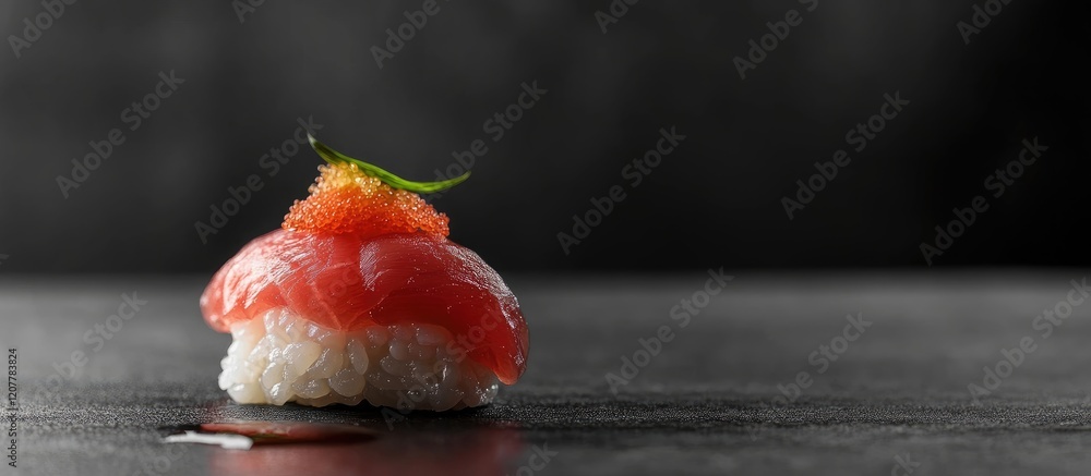 Poster Sublime Black Tuna Sushi Topped with Kamaboko on Elegant Dark Slate Background with Generous Empty Space for Text