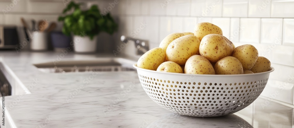 Poster freshly washed potatoes in white colander on bright marble kitchen counter with rustic greenery and 