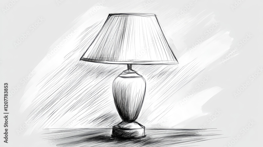 Poster sketch of a table lamp with a fabric shade on a surface against a lightly shaded background copy spa