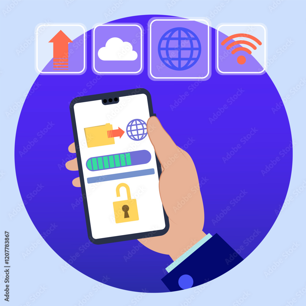 Poster businessman uploading data to cloud storage using smartphone securely