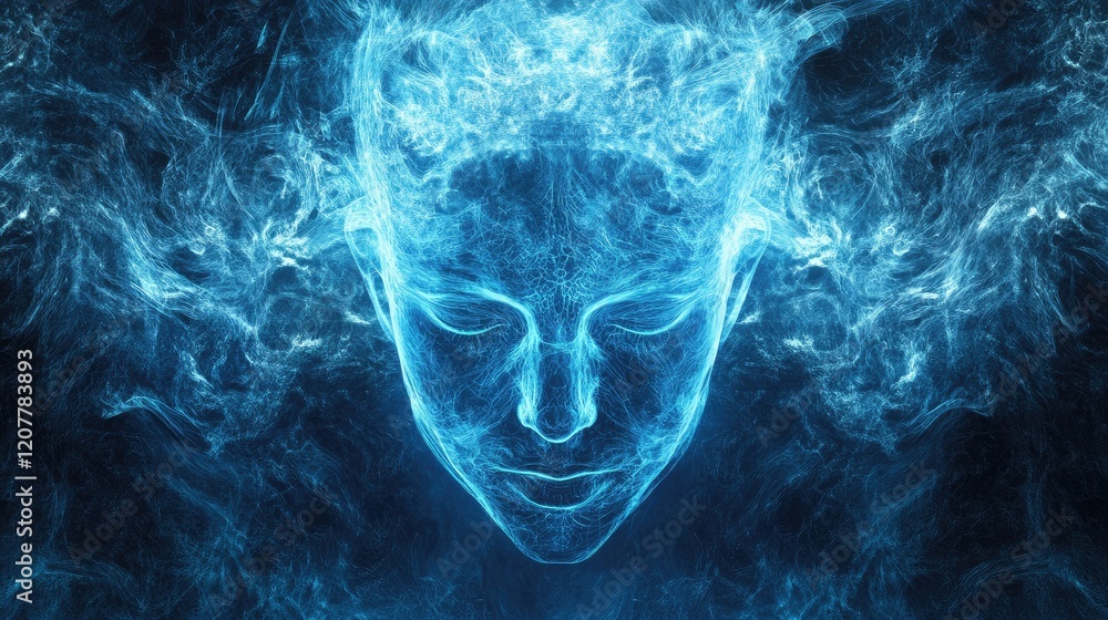Poster conceptual visualization of hallucination featuring luminous blue smoke patterns and an abstract hum