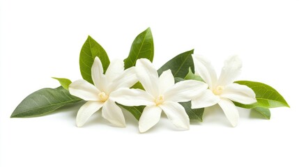Obraz premium White jasmine flowers with green leaves on a white background Copy Space