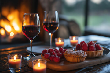 Dîner intime près de la cheminée, bougies, vin, dessert en cœur, atmosphère chaleureuse, saint valentin