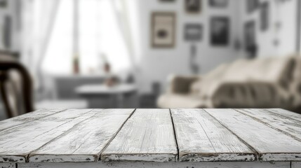 Rustic wooden tabletop with blurred living room background and ample copy space for text insertion
