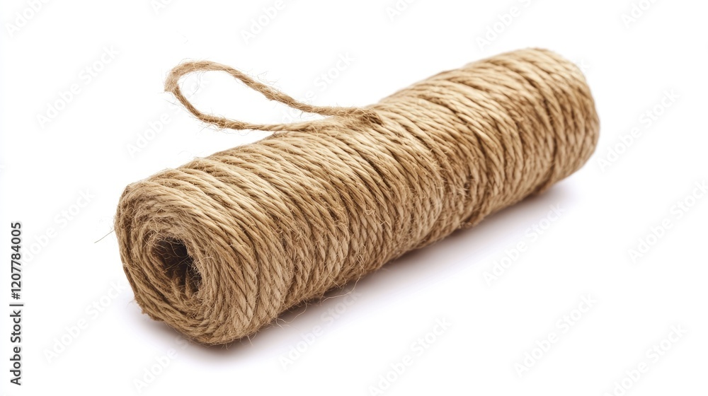 Poster close up of a natural hemp rope bobbin isolated on a white background showcasing its texture and coi