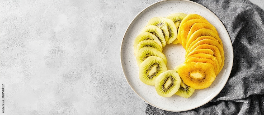 Poster freshly sliced green and yellow kiwi arranged in a circular pattern on a white plate with gray fabri