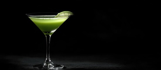 Vibrant green cocktail with fresh lime slice elegantly positioned on a sleek black surface, perfect for sophisticated beverage promotions and text integration.