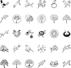 Elegant Bird and Tree Line Art Icons Nature, Spring, Minimalist