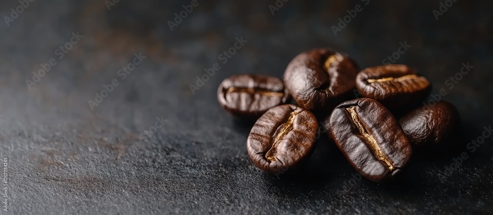 Poster dark glossy freshly roasted coffee beans arranged on a black slate surface with ample empty space fo