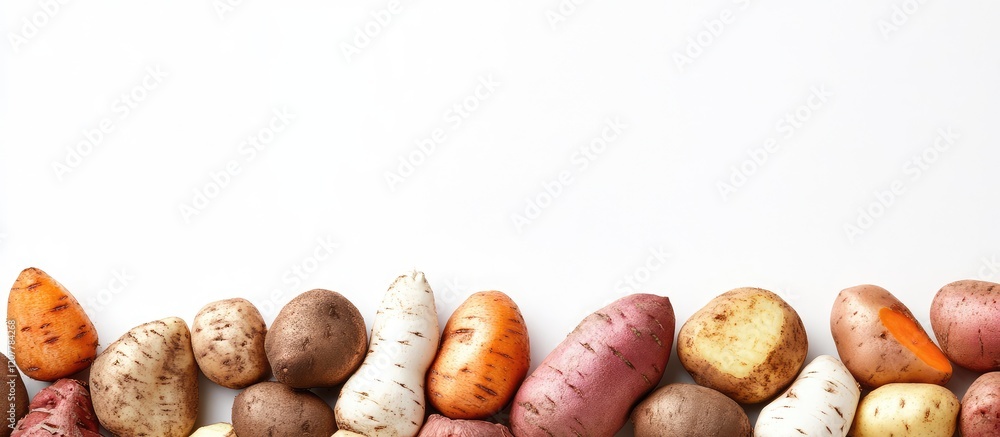 Poster assorted fresh potatoes arranged on white background with copy space for text. various colors and sh