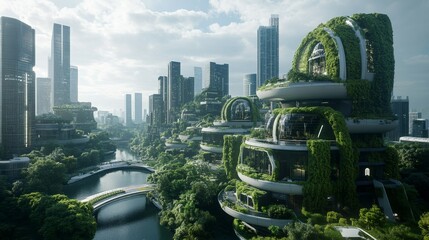 Obraz premium Urban Harmony: Eco-Friendly AI-Powered Cityscape Embracing Future Sustainable Innovation in Natural Tones