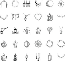 Ramadan Kareem Elegant Lantern, Wreath, and Moon Icons