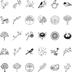 Elegant Bird and Tree Line Art Illustrations Nature, Spring, Design Elements