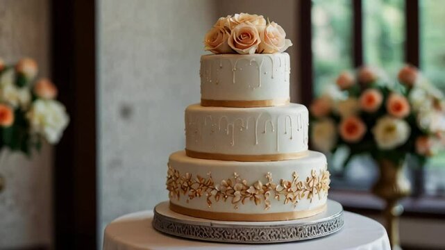 A four-tiered wedding / Birthday cake with a pale color palate sits on a table,