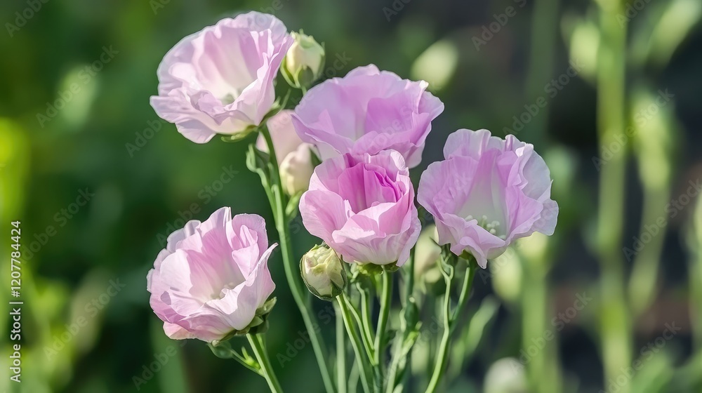 Poster pink flowering plants with green stems in a garden setting with blurred background and copy space fo