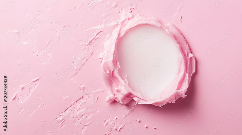 Poster pink cream or mousse splatter on a light pink background with a circular empty space in the center f