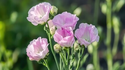 Pink flowering plants with green stems in a garden setting with blurred background and Copy Space for text placement.