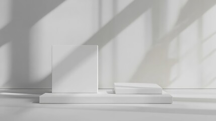 Fototapeta premium Minimalist display of white geometric shapes on a neutral background with soft shadows and Copy Space for text placement.