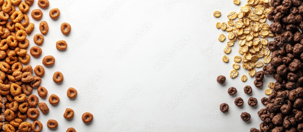 Poster cereal grains arrangement with copy space for text including multicolored cereals on white backgroun
