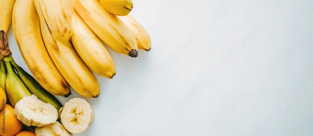 Poster vibrant assortment of fresh bananas and citrus fruits arranged on a light pastel background with amp