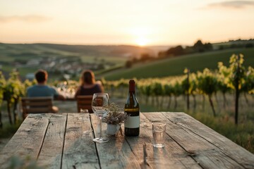 A romantic moment captured of a couple enjoying wine together in a beautiful vineyard setting, highlighting the essence of love, connection, and shared culinary pleasures.