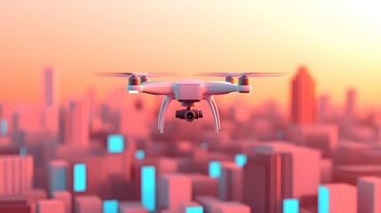 Futuristic Delivery Drone Soaring Over Geometric City Skyline,3D of Modern Cargo Logistics Network