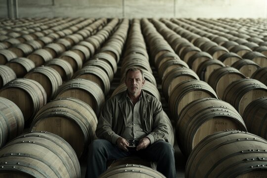 A concentrated winemaker holding a glass quietly sits among a row of oak barrels, representing dedication to his craft where passion and tradition blend perfectly in a serene cellar.