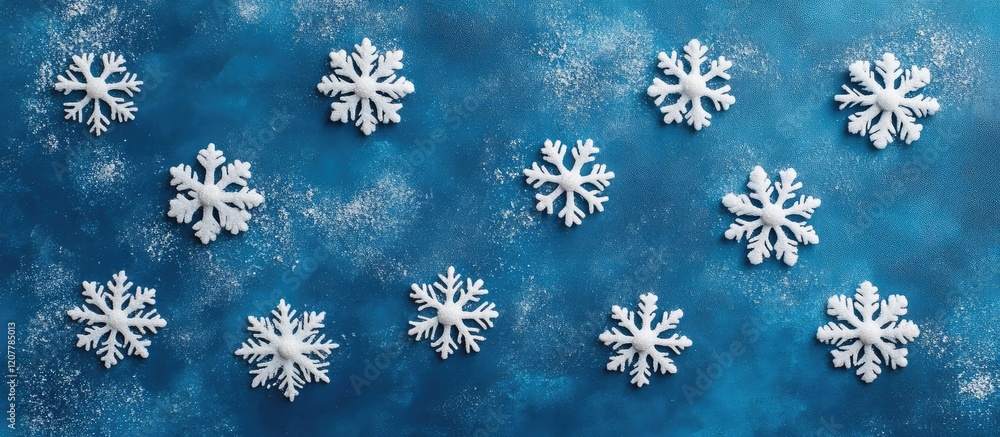 Poster white snowflakes on a blue textured background with ample copy space for text placement
