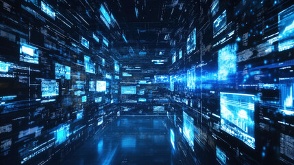 Abstract digital data stream or cyberspace visualization with glowing blue elements and screens.